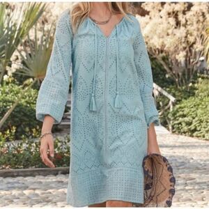 Sundance pale blue eyelet tie neck M boho peasant dress